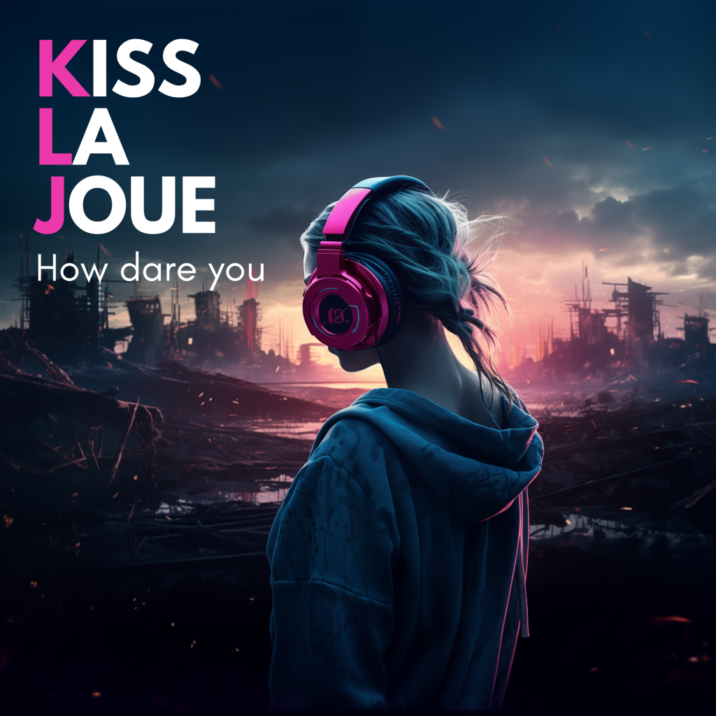 Pochette du single “How Dare You” de Kiss La Joue montrant une jeune femme de dos avec un casque rose, dans un décor urbain post-apocalyptique au crépuscule.